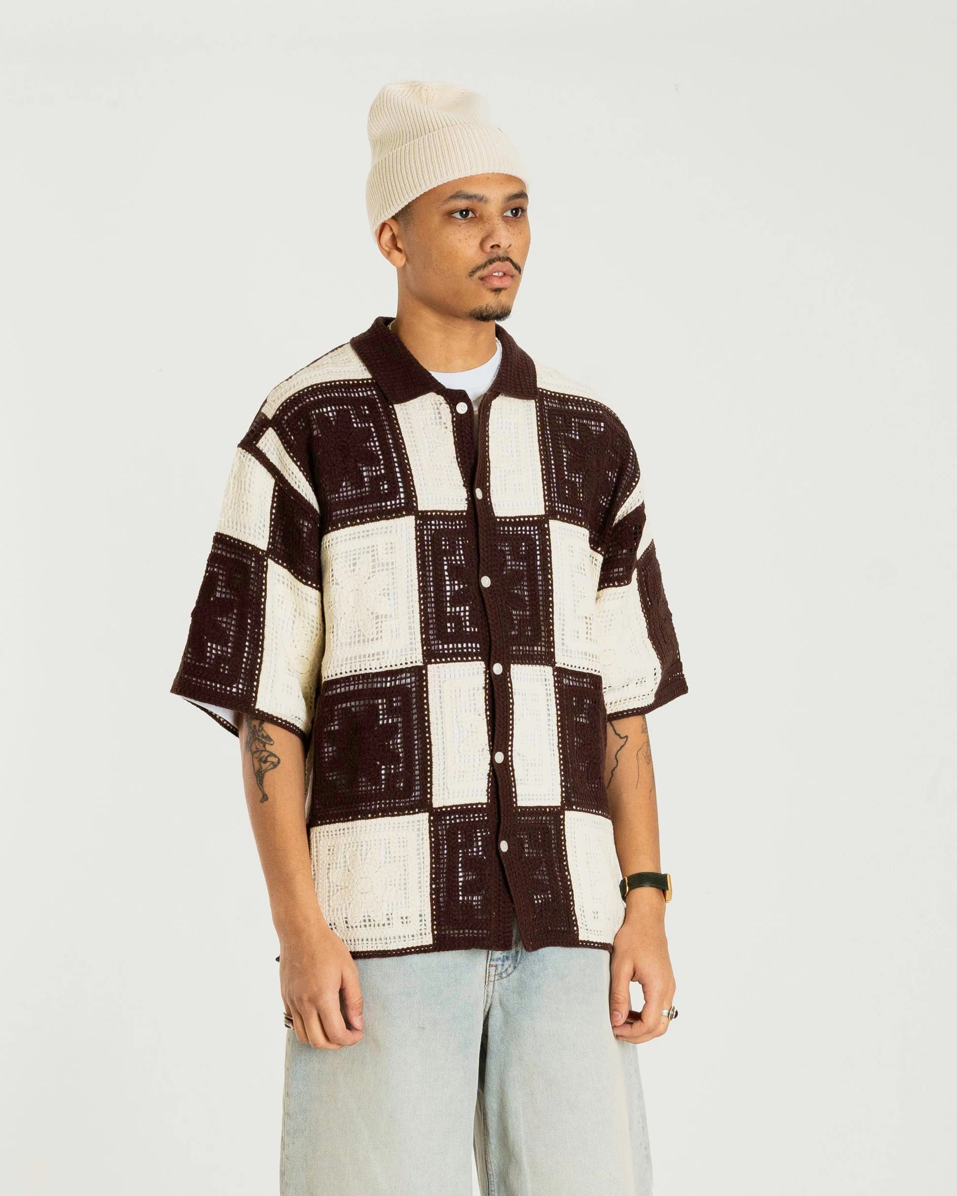 Banks Crochet Knit Skjorta - Brown/Off White