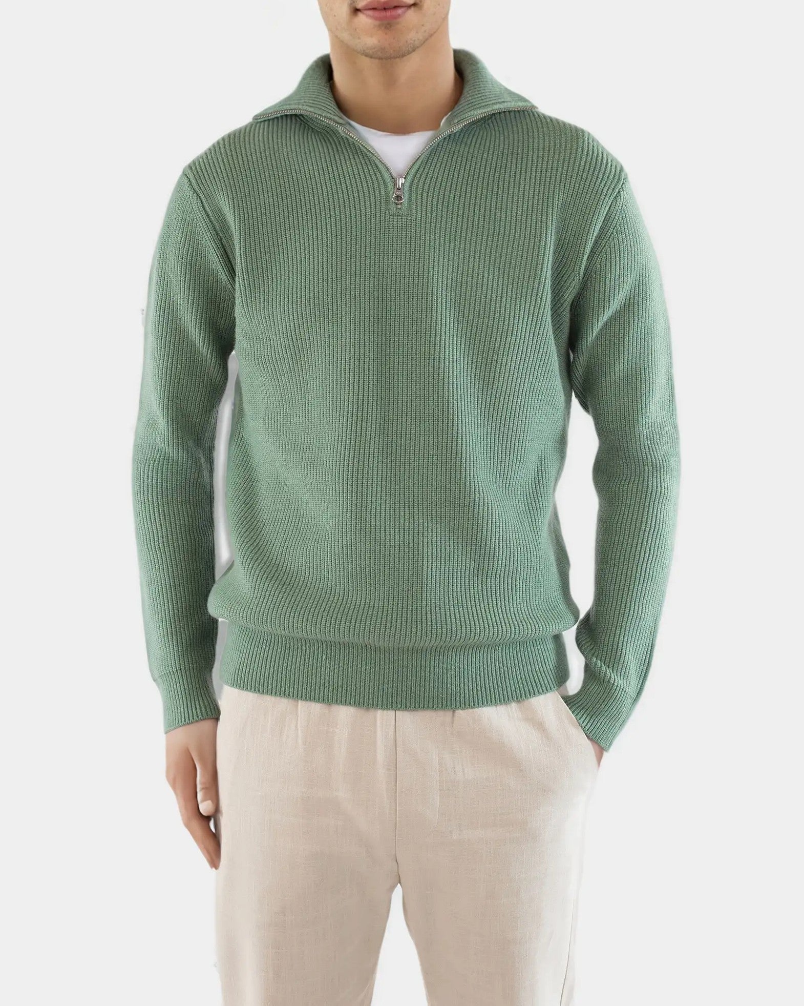 Reuben Knitted Half Zip Tröja - Pale Green
