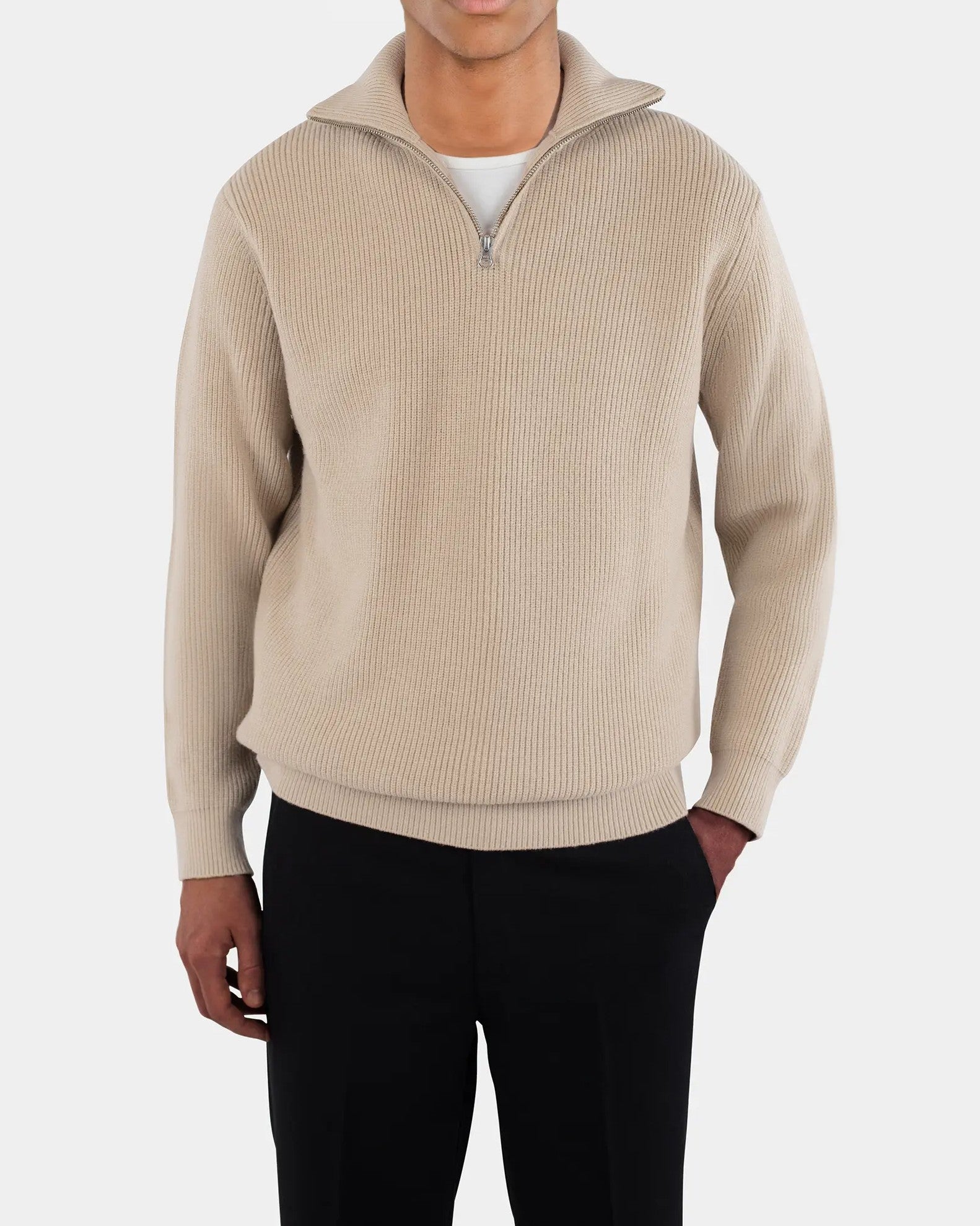 Reuben Knitted Half Zip Tröja - Sand