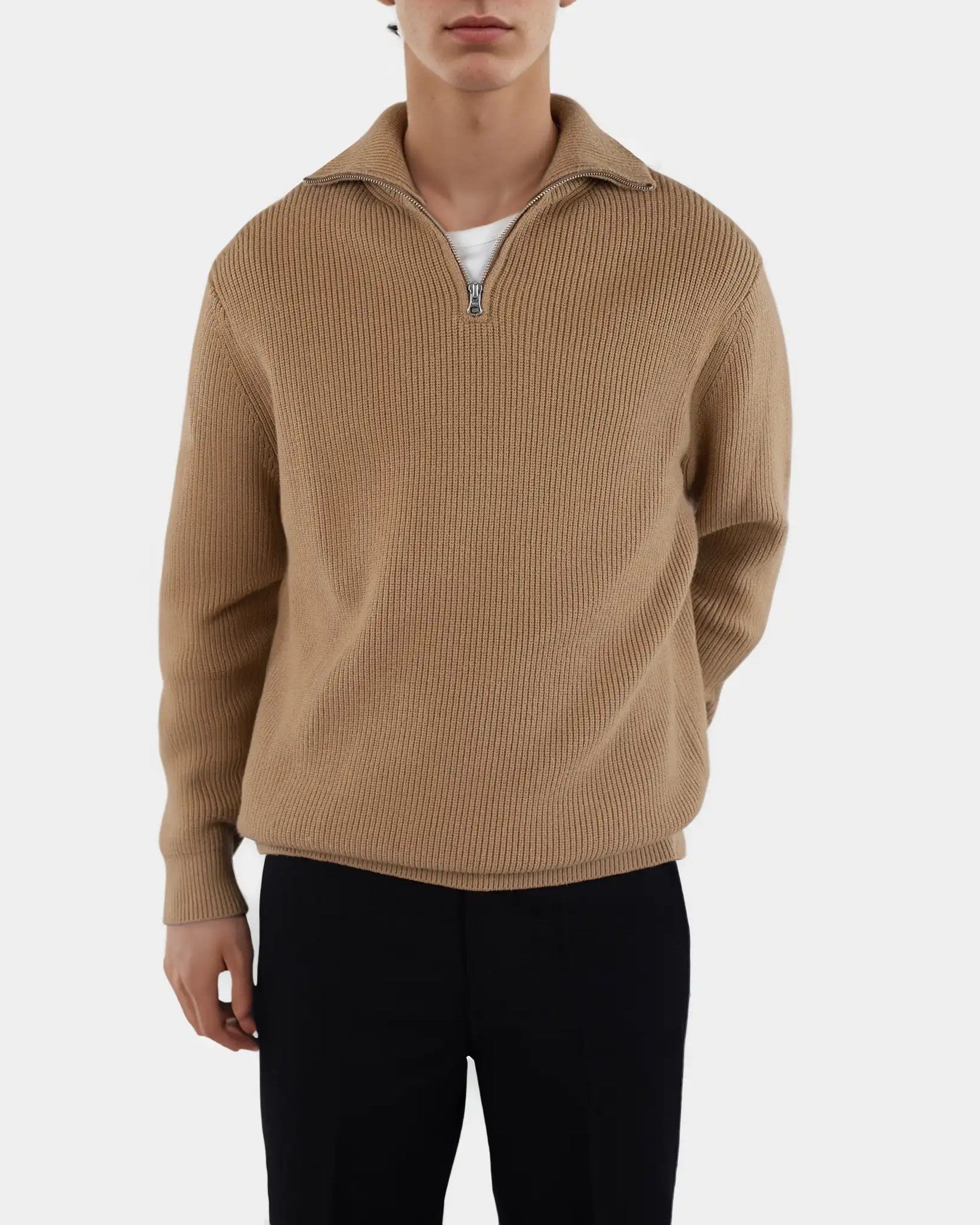 Reuben Knitted Half Zip Tröja - Tan