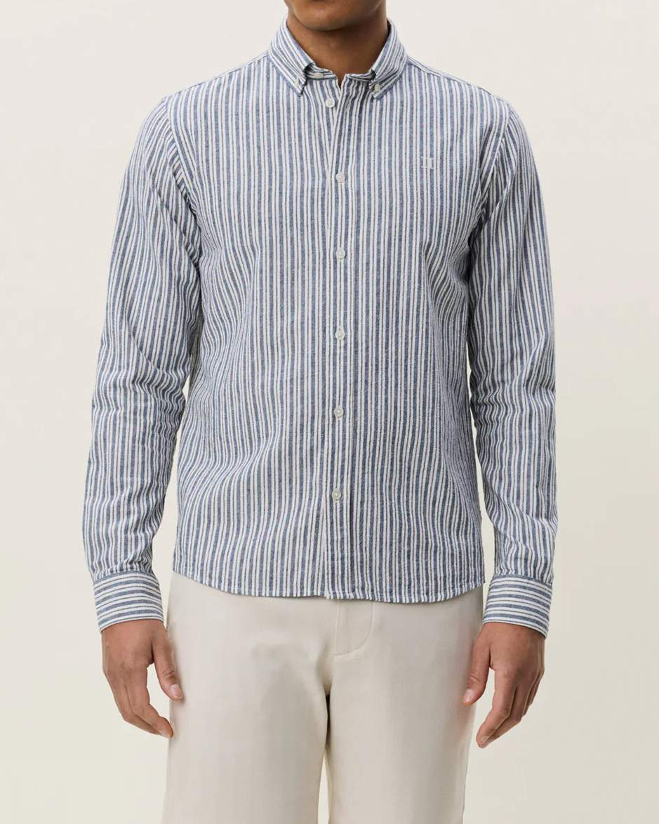 Konrad Stripe Cotton Linen Skjorta - Dark Denim Blue