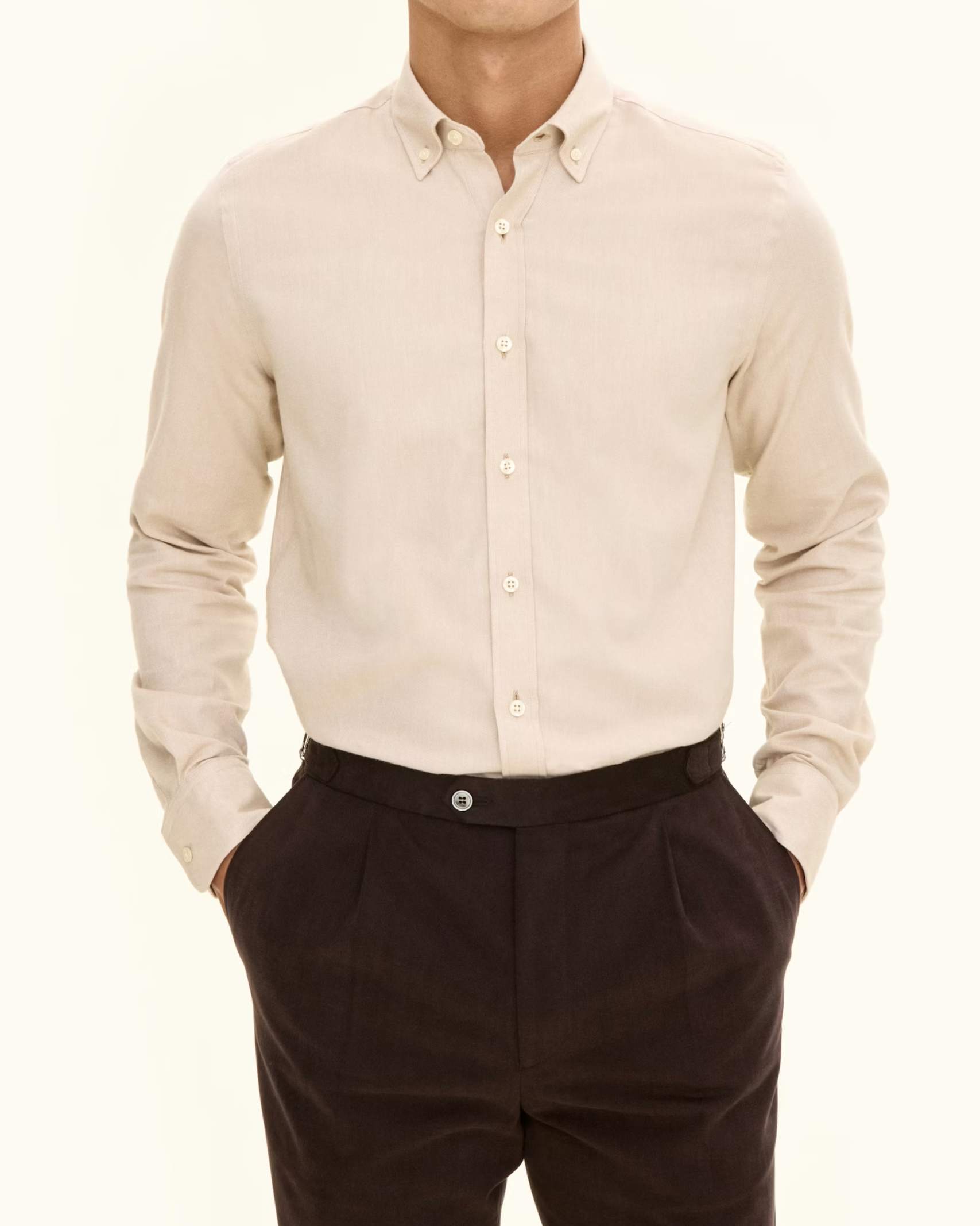 Slim Fit Brushed Flannel Skjorta - Light Beige